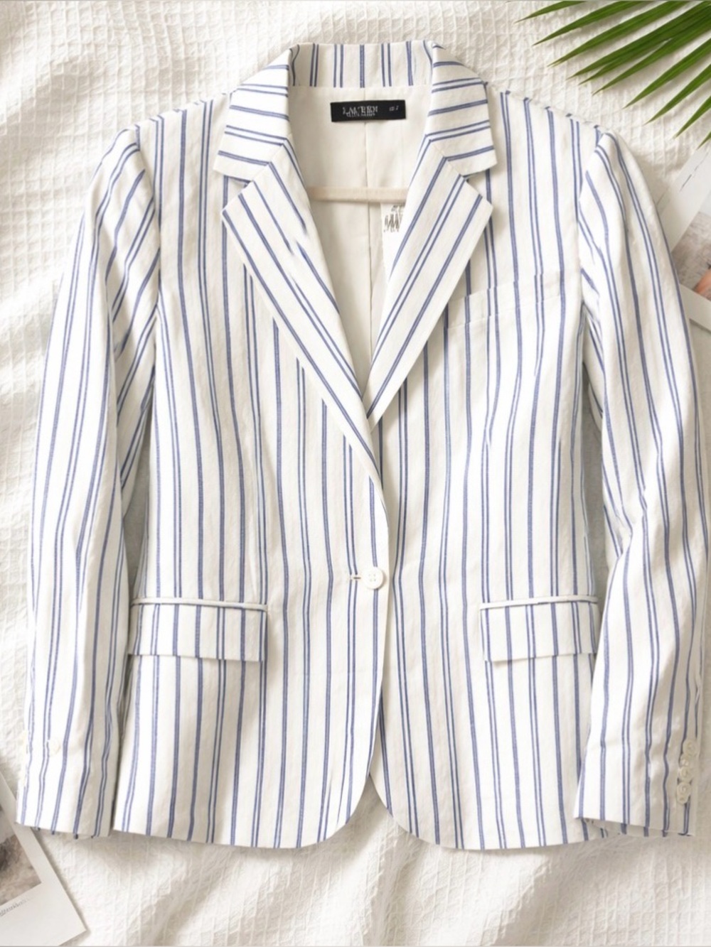 Lauren Ralph Lauren NWT White Linen Blazer with Blue Pinstripes Sz 2 and 10